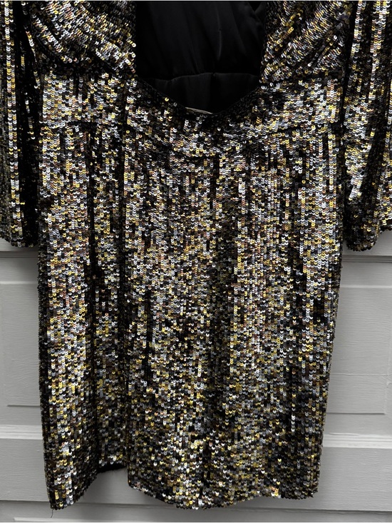 Parker Silk Sequin Mini Dress Gold Black Long Sleeve V Neck Party L - Picture 8 of 15